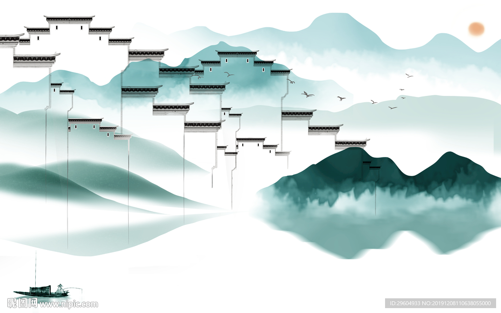 徽派山水意境墙画 TIF分层