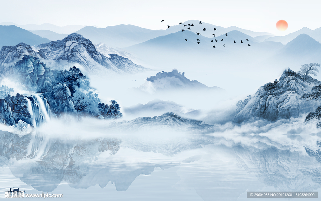 蓝色山水意境墙画 TIF分层