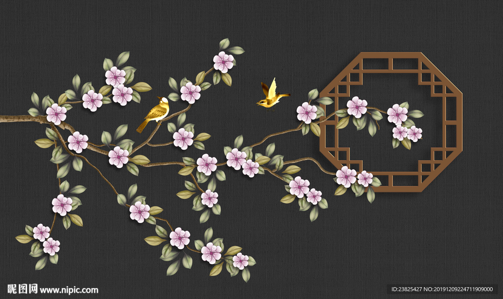 新中式手绘玉兰花鸟电视背景墙