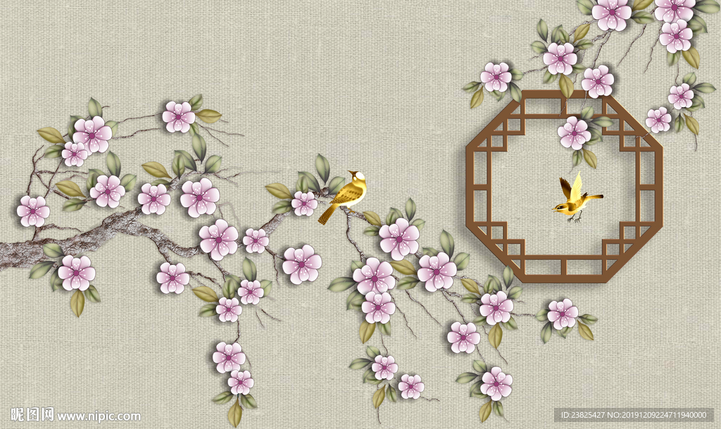 新中式手绘玉兰花鸟电视背景墙