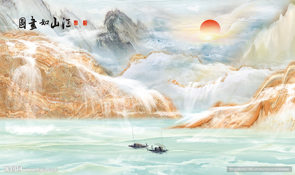 江山如画大理石电视背景墙