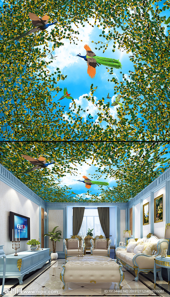 森林飞鸟3D天空壁画