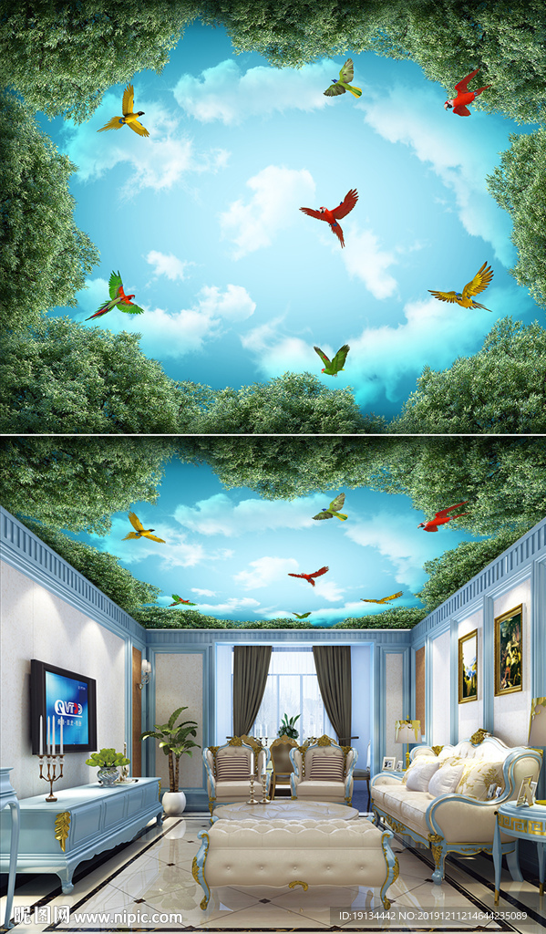 森林天空飞鸟3D天顶壁画