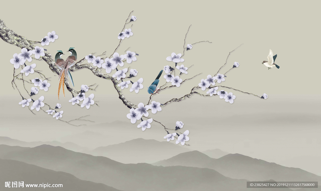 新中式手绘梅花水墨山水电视背景