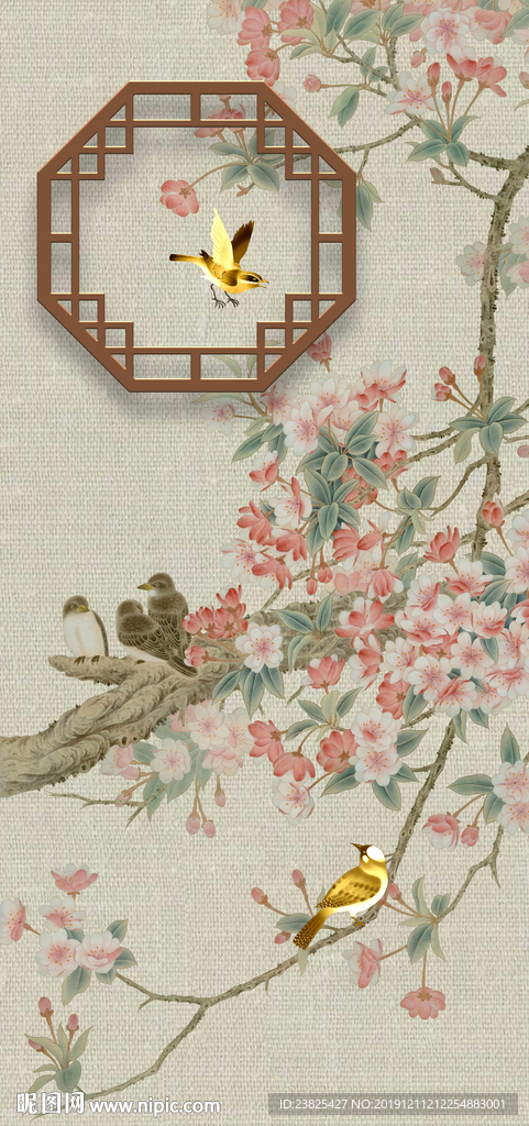 新中式手绘工笔花鸟玄关背景墙