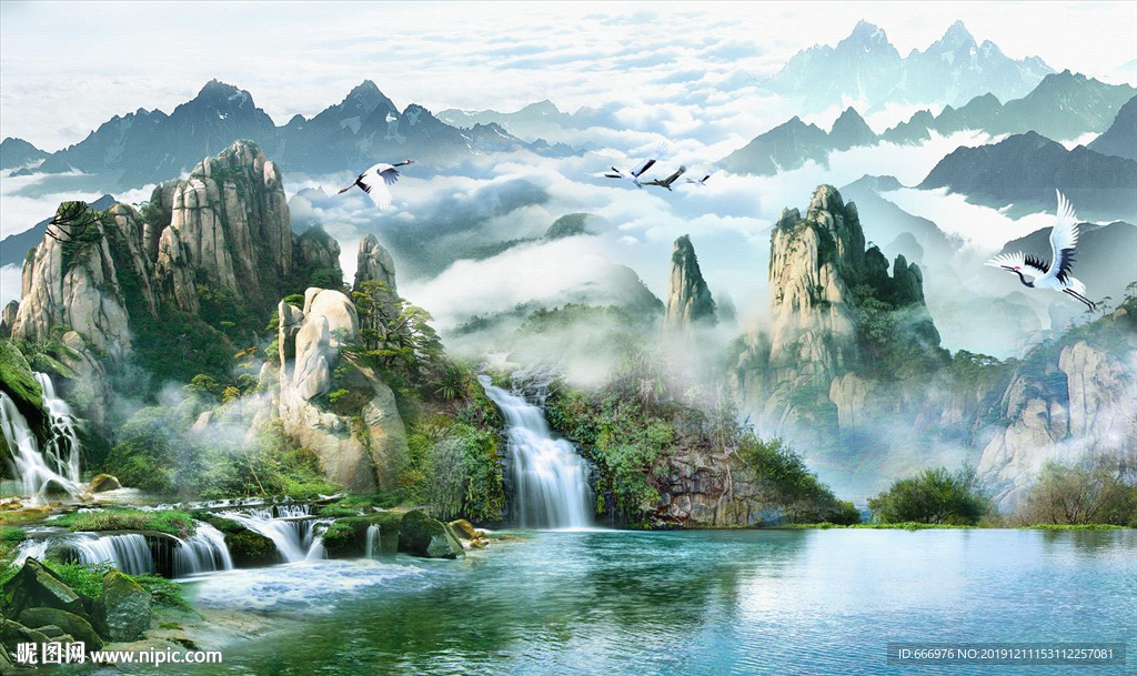 中式山水画山水瀑布风景背景墙壁