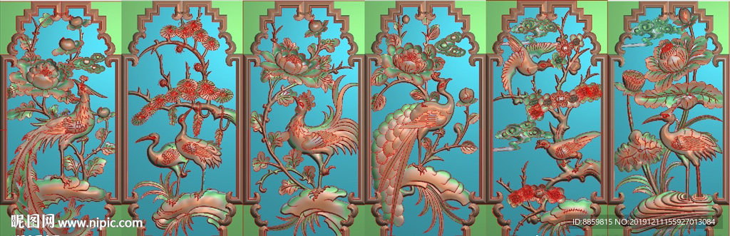 夹花窗子花鸟屏挂六张