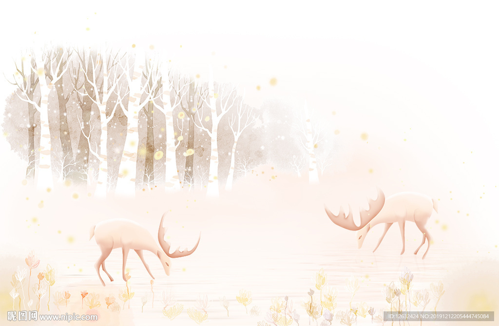 北欧手绘森林鹿浪漫背景墙