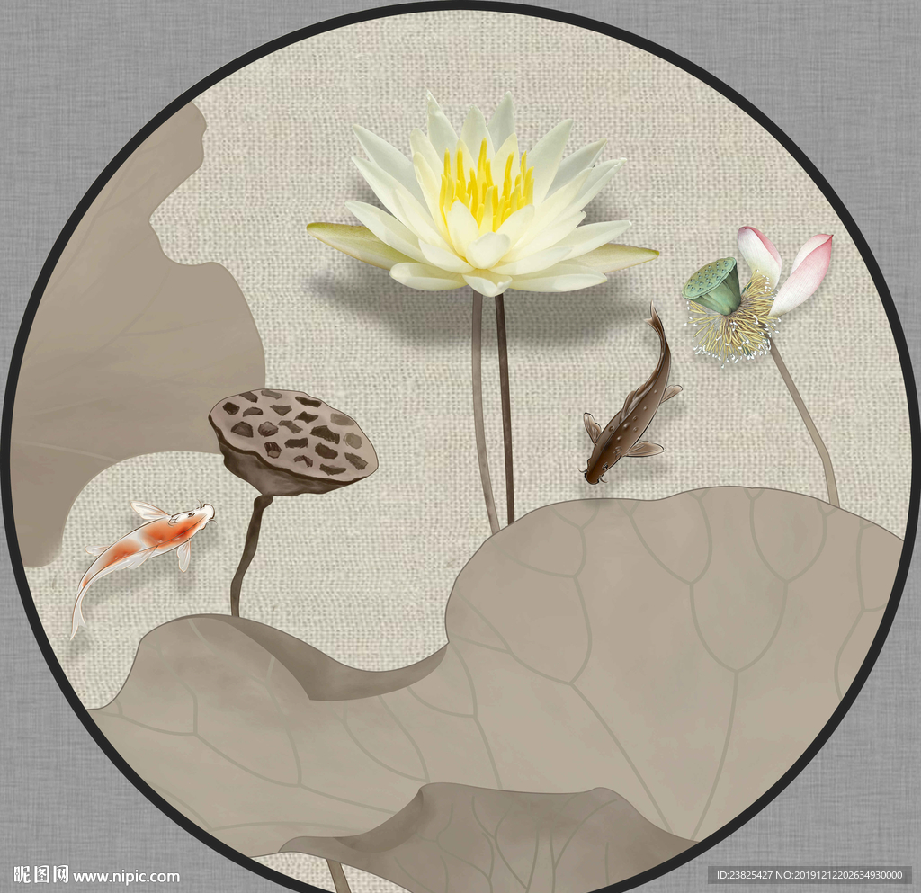 新中式手绘荷花圆形装饰画