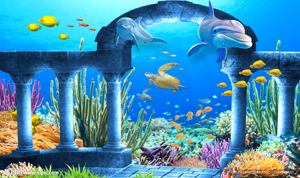 3d海底世界海豚背景墙壁纸图片