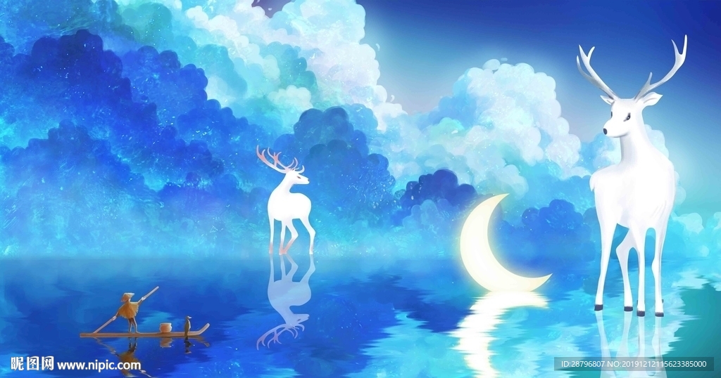 蓝色唯美天空月亮与麋鹿手绘壁画