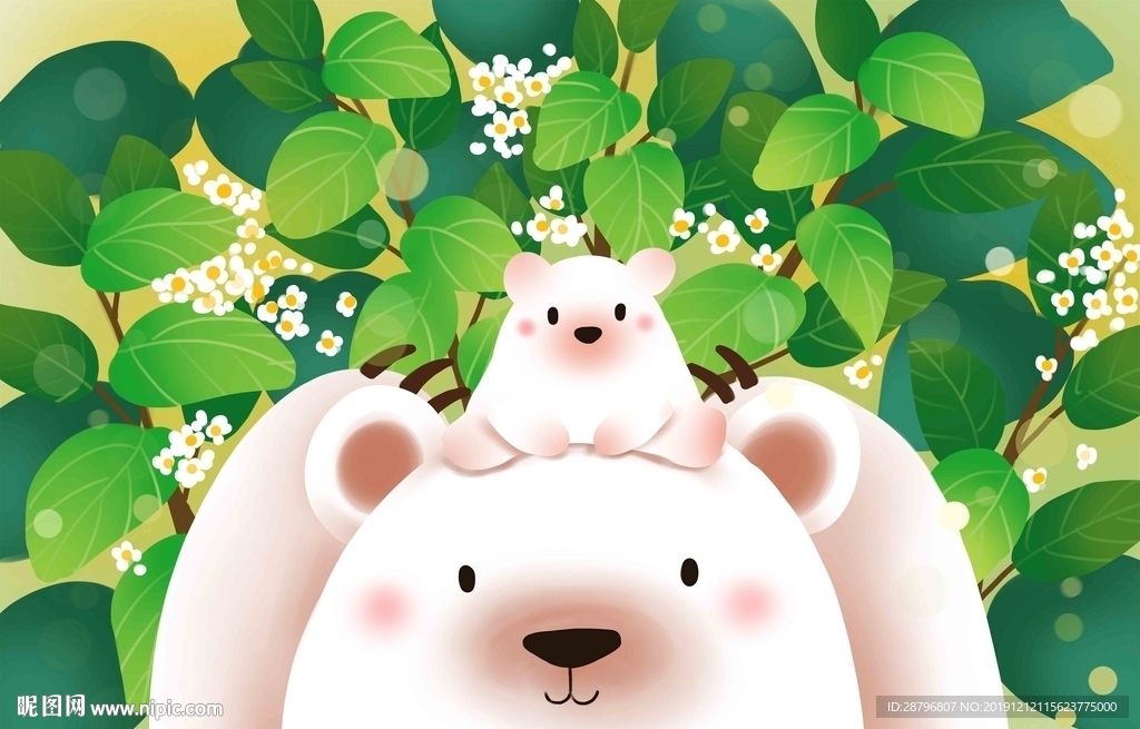 春天里的小白熊手绘壁画背景墙