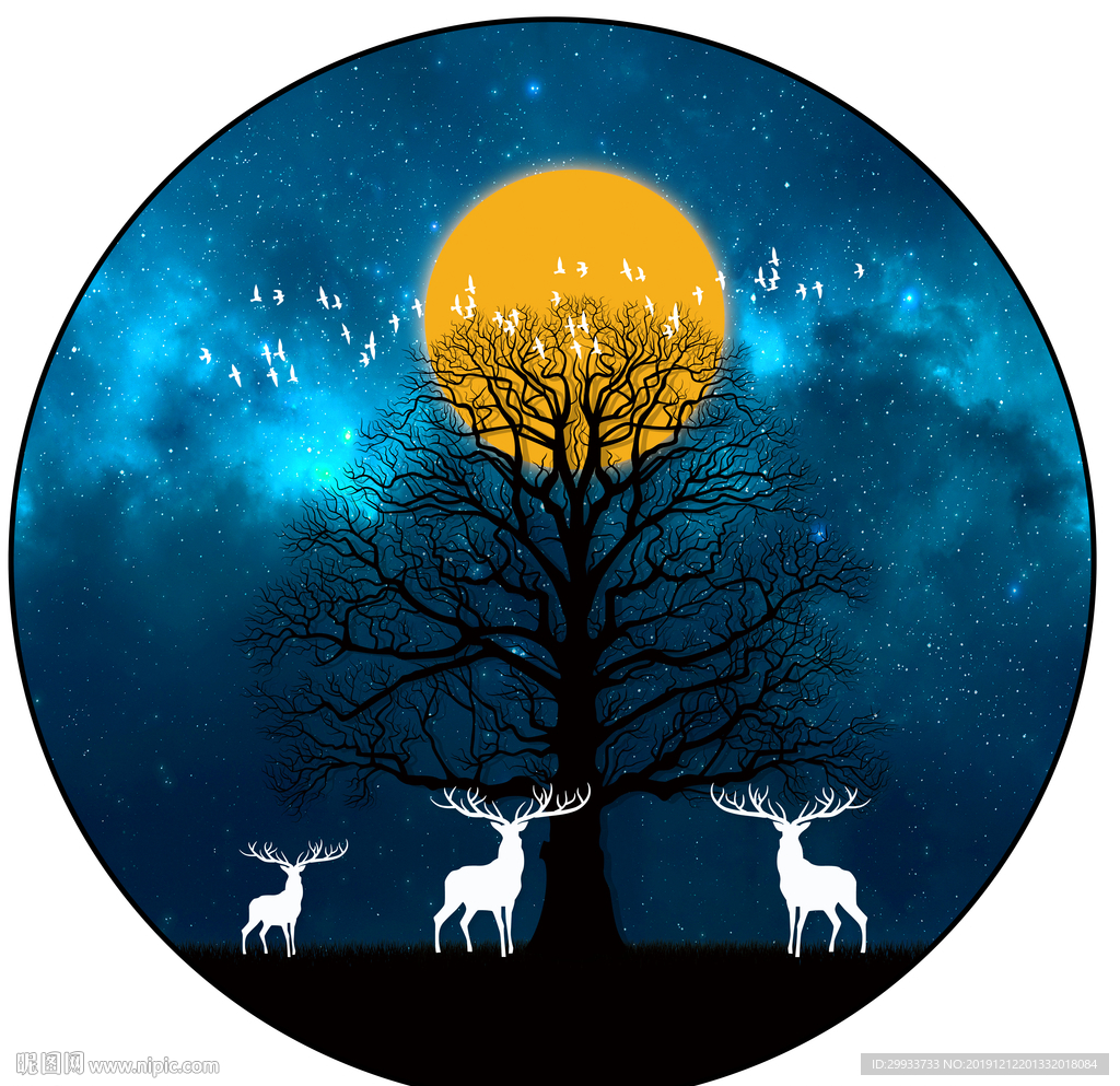 北欧简约星空下的月亮麋鹿装饰画