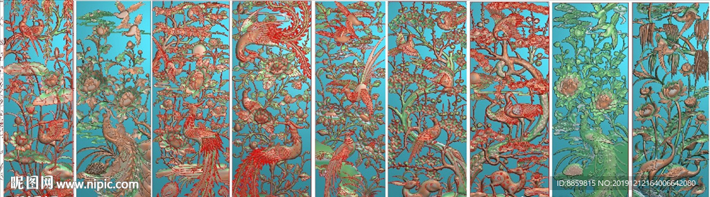 花鸟竖板9张图花鸟镂空屏挂