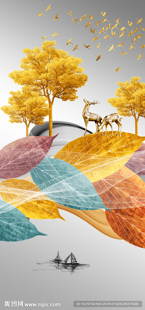 金色叶子发财树玄关背景墙