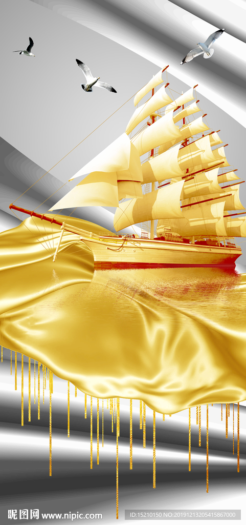金色丝绸帆船玄关背景墙