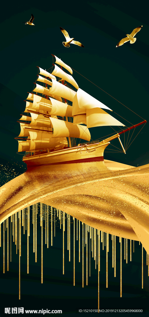 金色丝绸帆船玄关背景墙