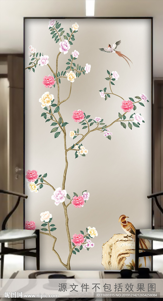 手绘工笔花鸟玄关画