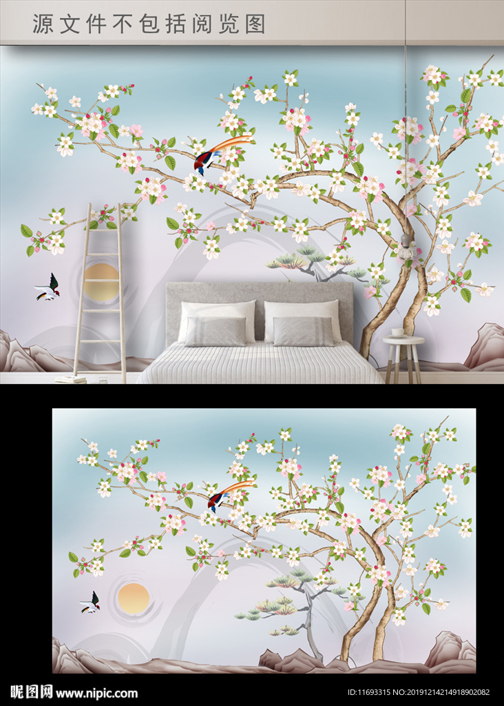 工笔花鸟新中式电视背景墙