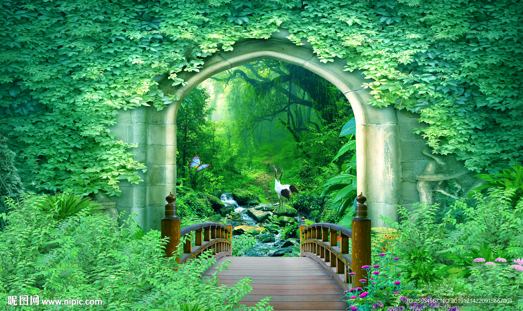 3D立体树林流水山水风景背景墙