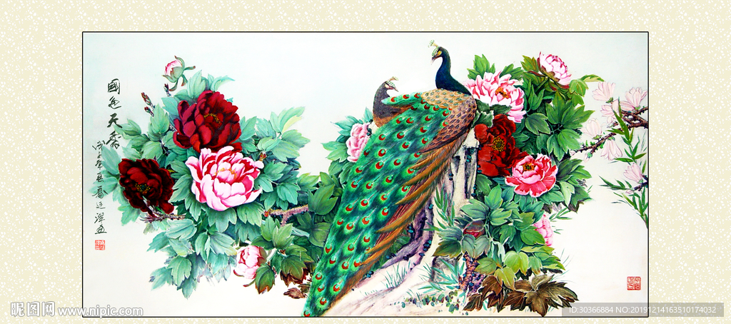 手绘国画孔雀牡丹