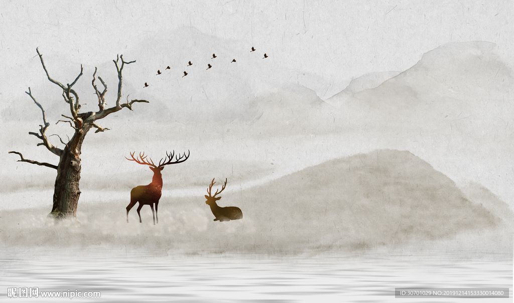 新中式山水鹿背景墙