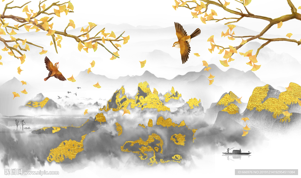 原创新中式银杏手绘花鸟背景墙装