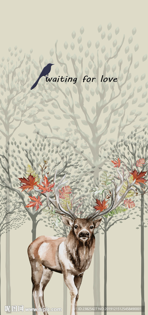 北欧简约抽象树木麋鹿时尚装饰画