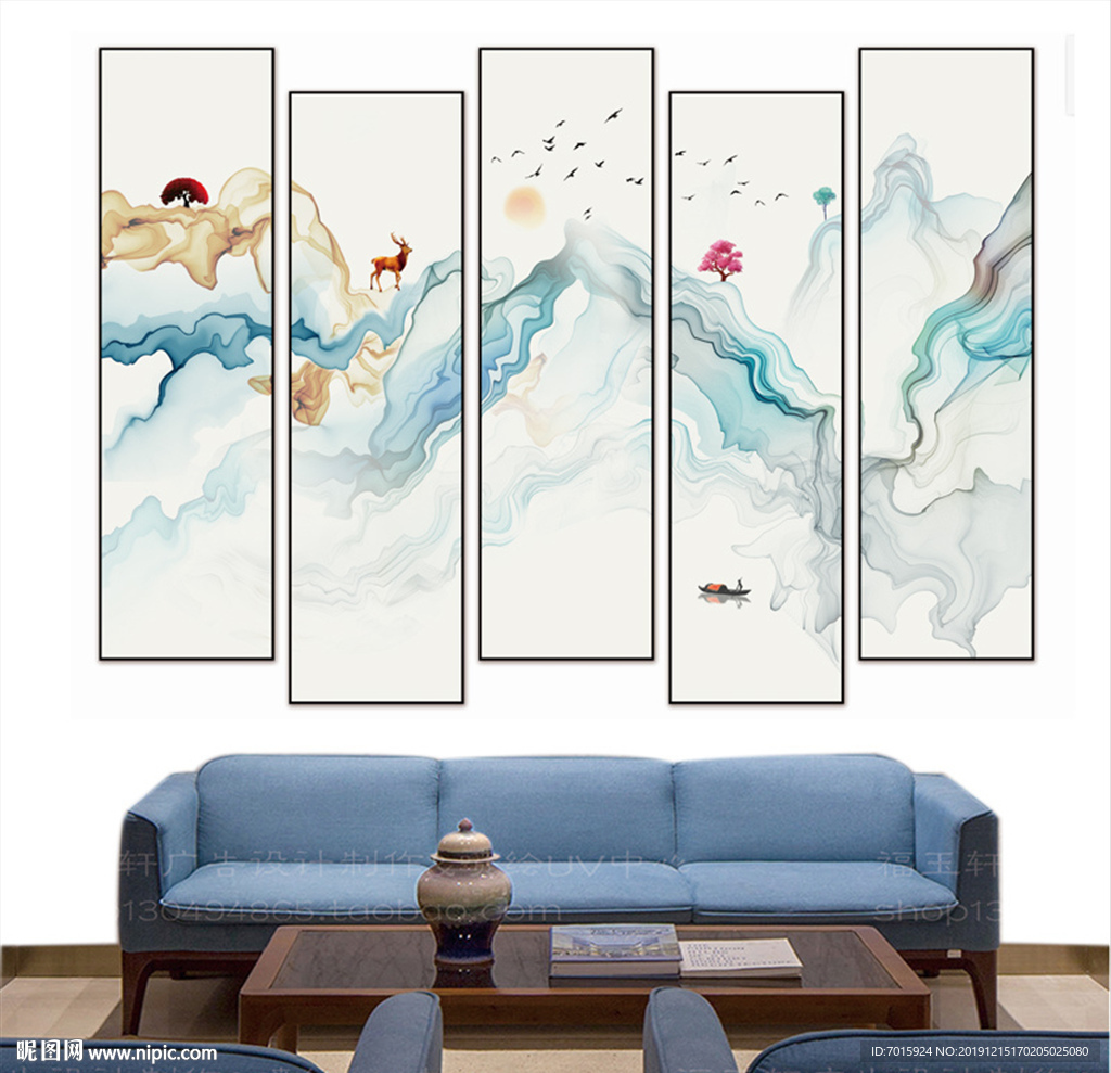 水墨山水画 五联画 创意多组画