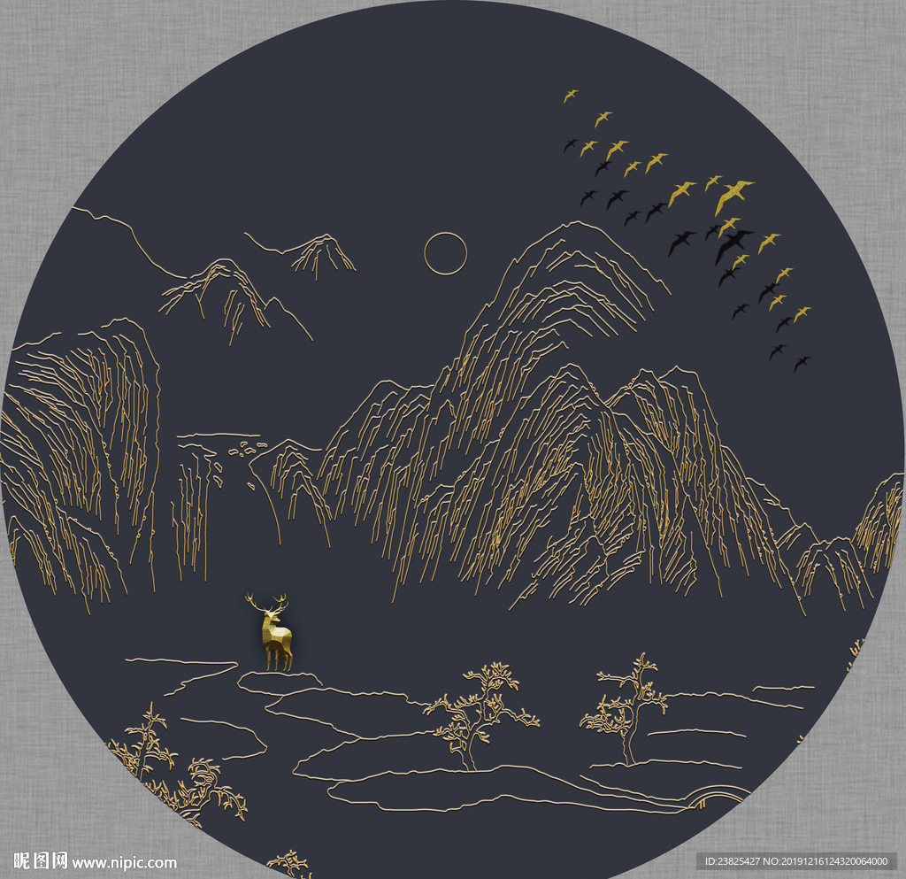 新中式金色水墨山水圆形装饰画