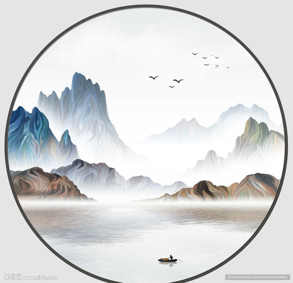 新中式圆形山水装饰画挂画