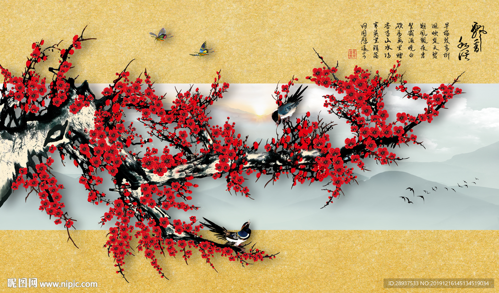 原创梅花喜鹊装饰画背景墙