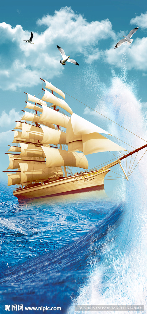 蓝天白云帆船玄关背景墙