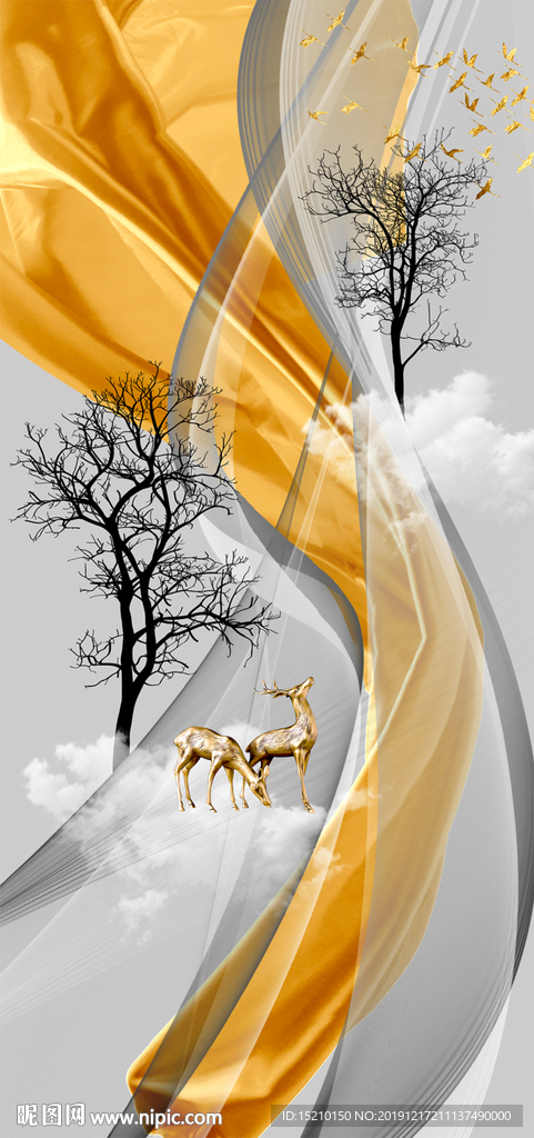 金色丝绸抽象树玄关背景墙