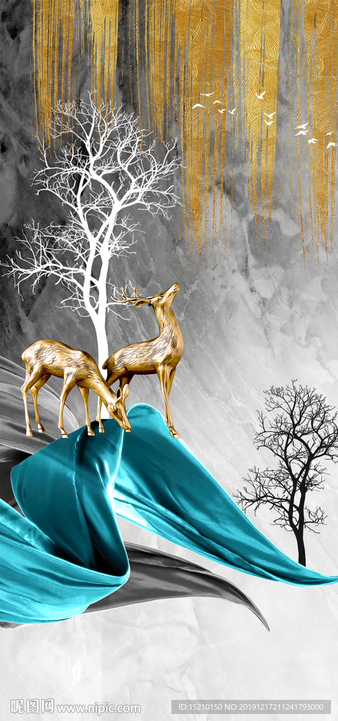 丝绸抽象树玄关背景墙