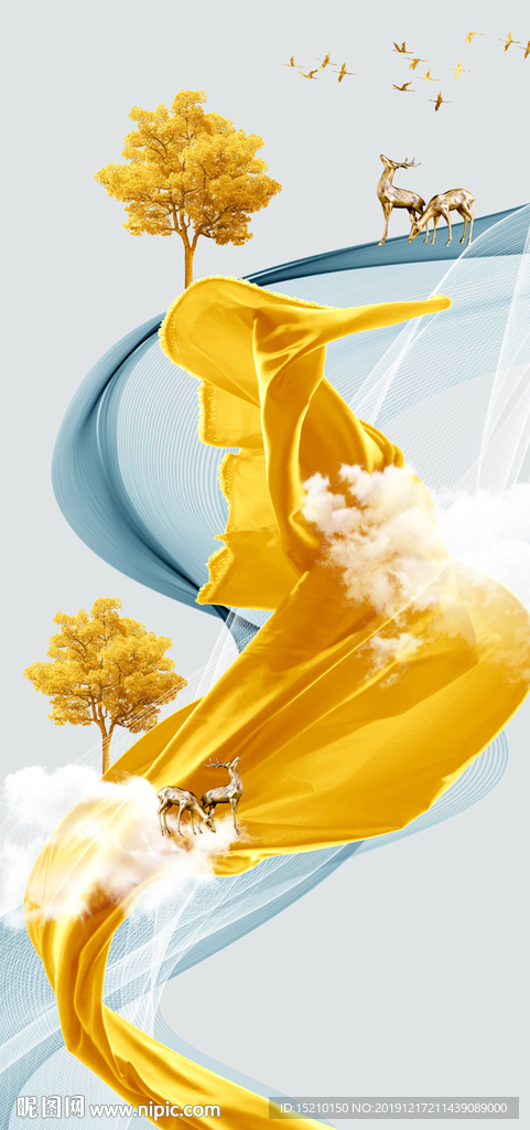 金色丝绸发财树玄关背景墙