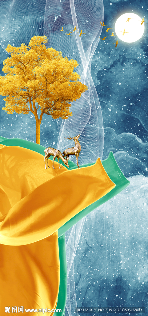 金色丝绸发财树玄关背景墙