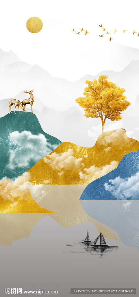 金色山水发财树玄关背景墙