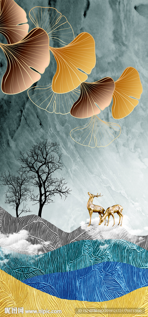 银杏树叶抽象树玄关背景墙