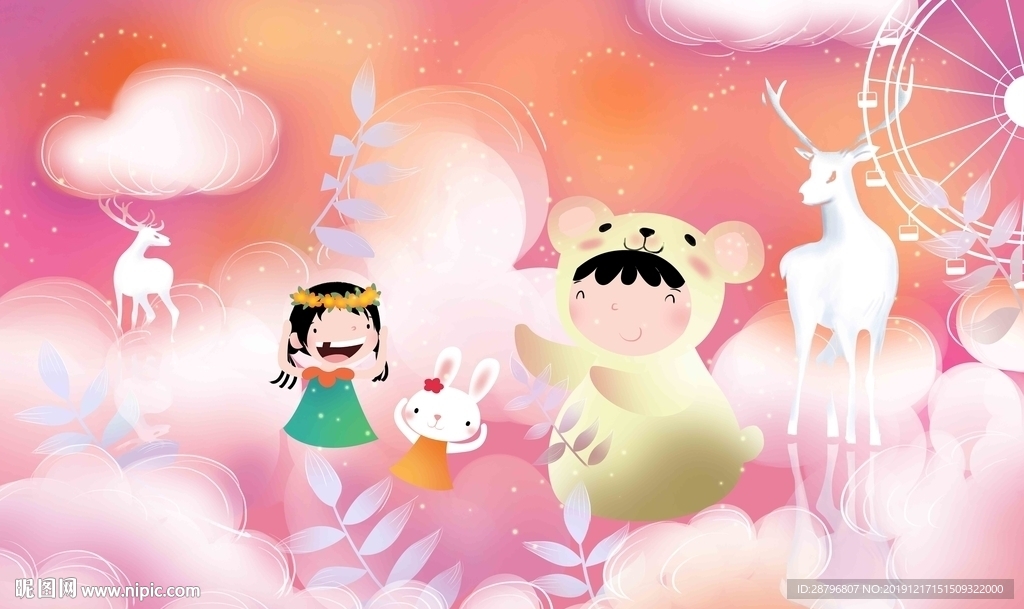 唯美麋鹿女孩儿童房壁画背景