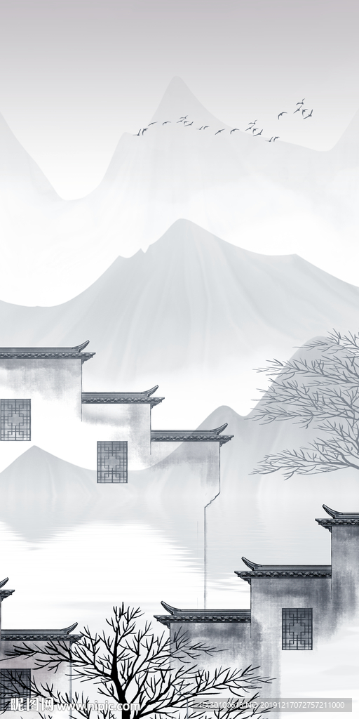 徽派玄关山水国画 tif分层