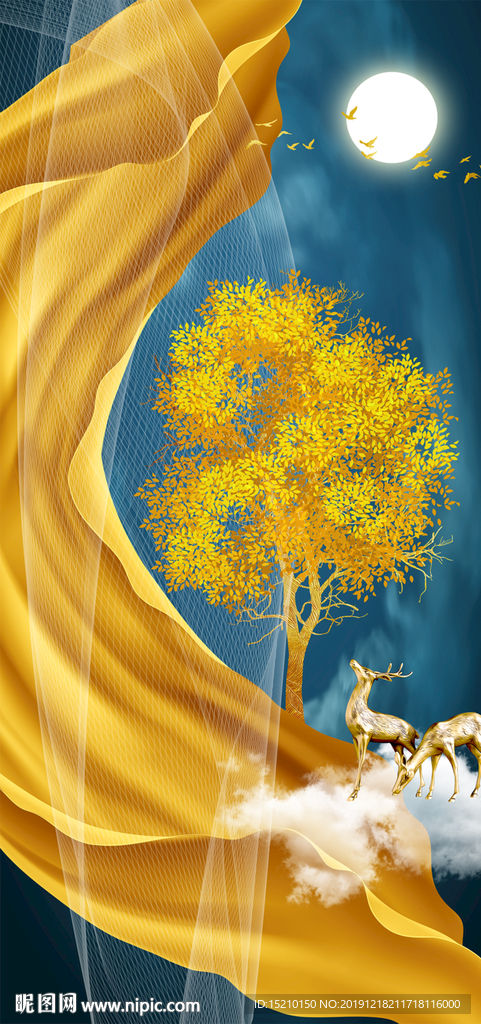 金色丝绸抽象树玄关背景墙