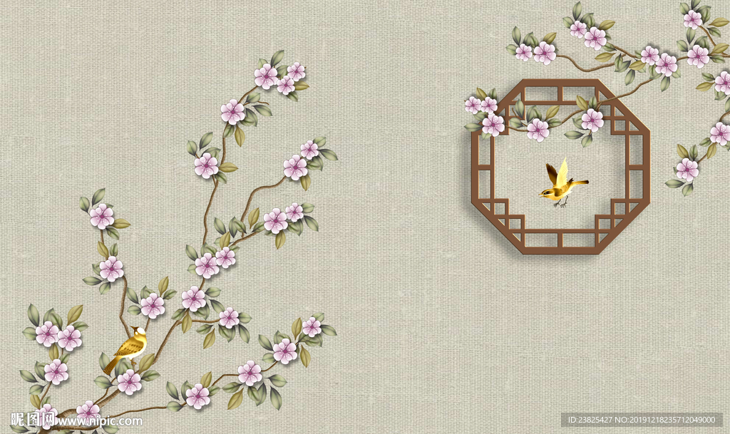 新中式手绘工笔花鸟电视背景墙