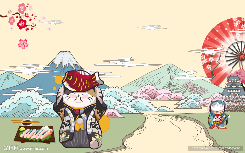 手绘日本料理招财猫背景墙
