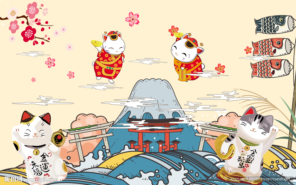 手绘日本料理招财猫背景墙