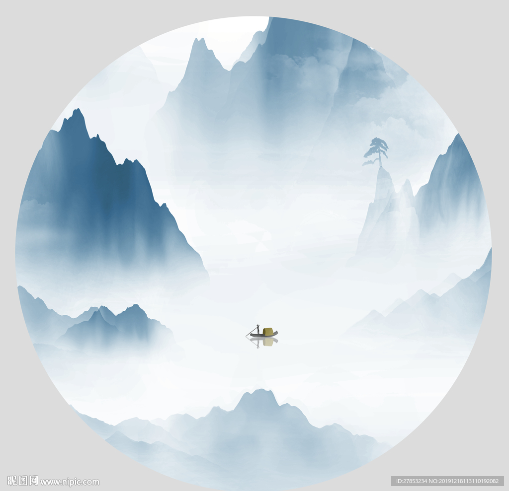 新中式山水圆形装饰画图片