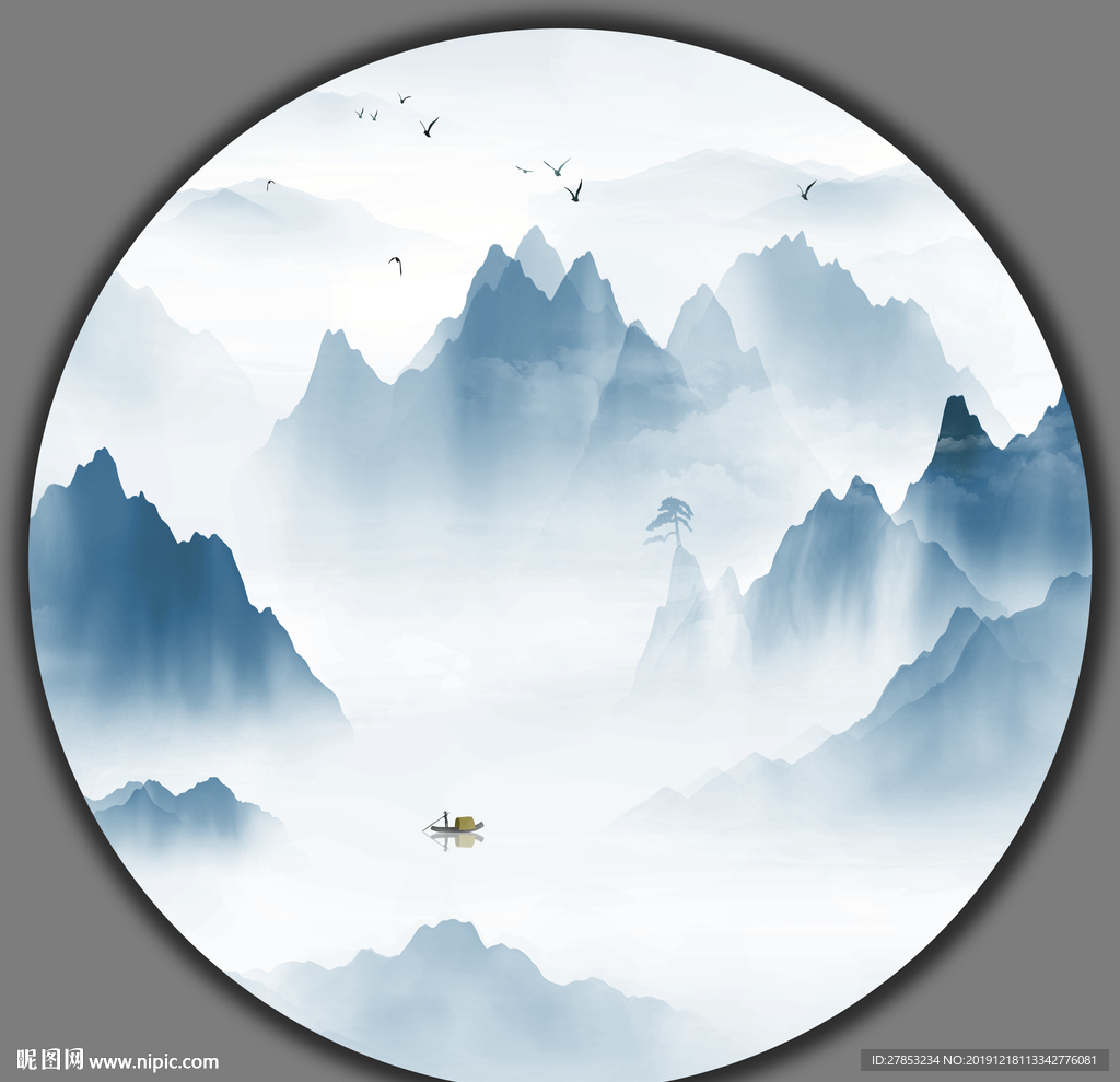 新中式山水圆形装饰画图片