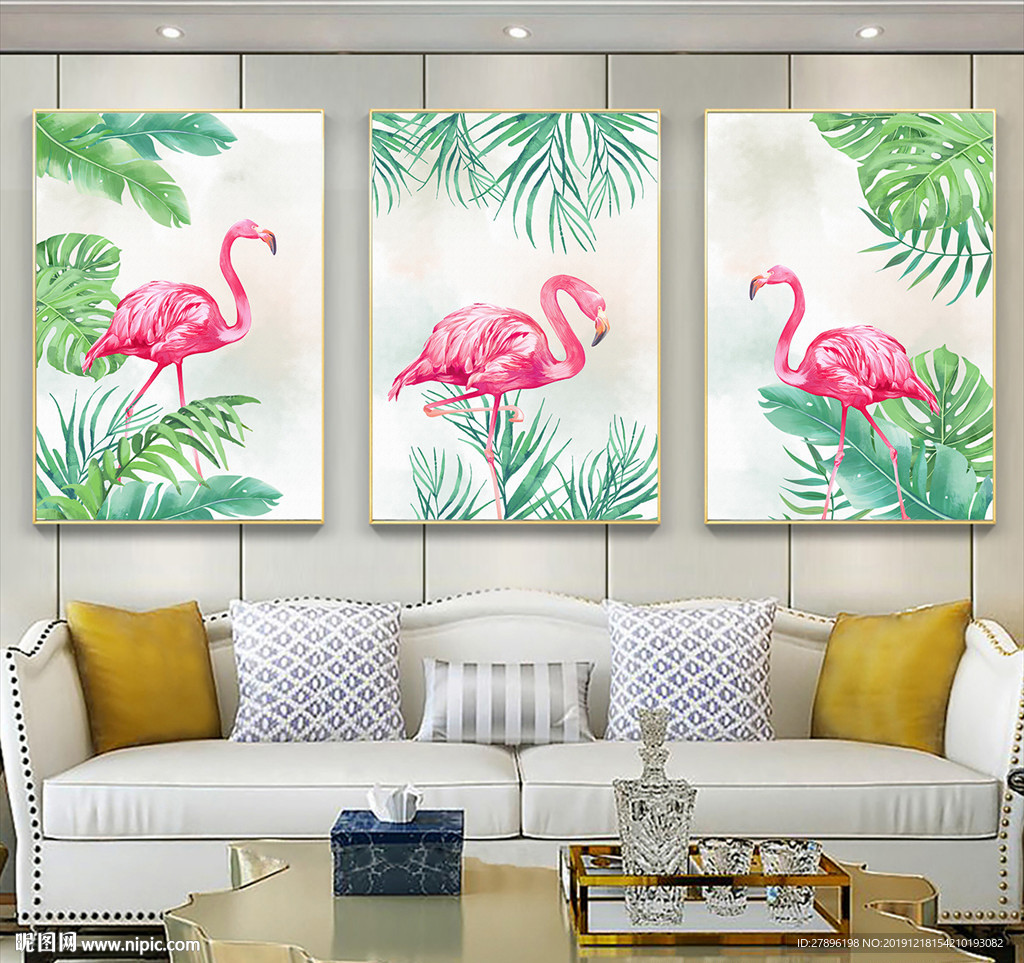 北欧植物火烈鸟三联画