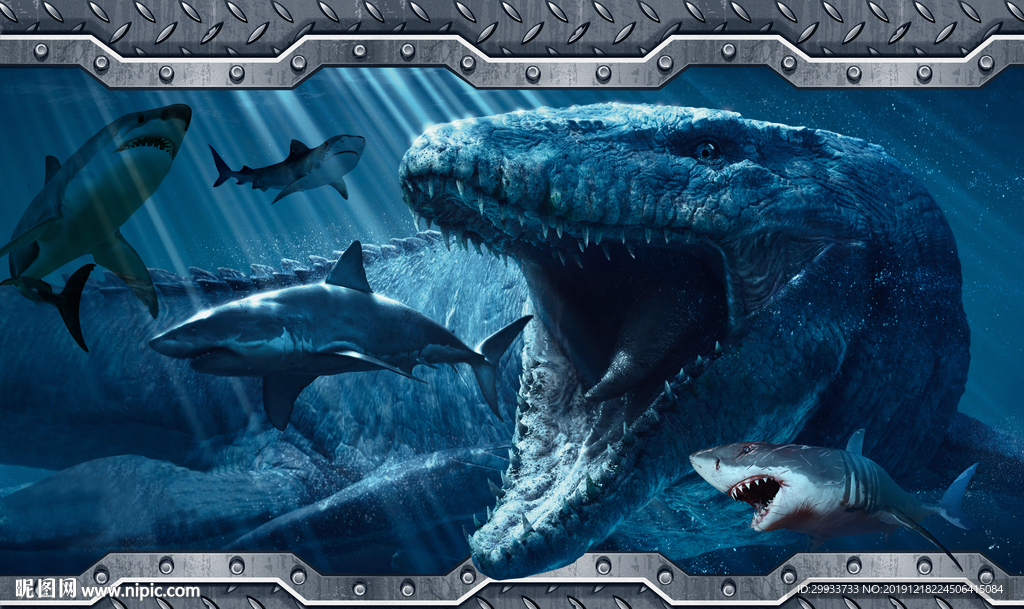 3d大白鲨怪兽海洋动物背景墙
