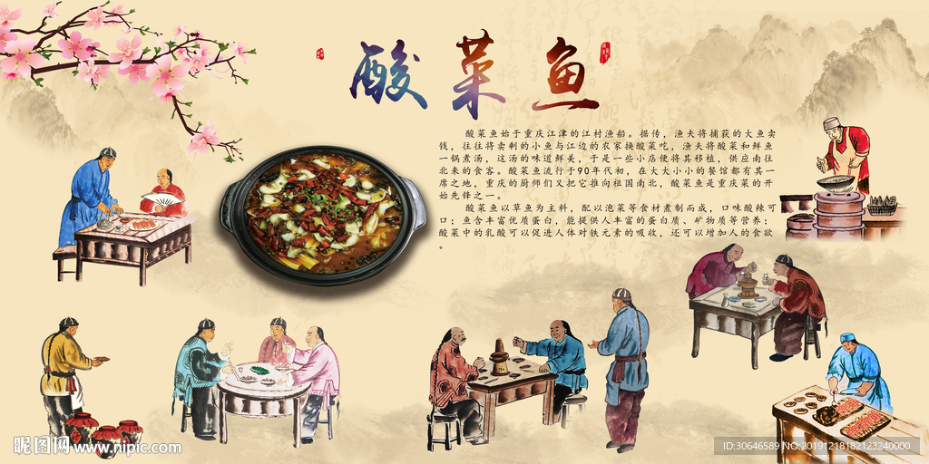 手绘复古餐饮酸菜鱼背景墙